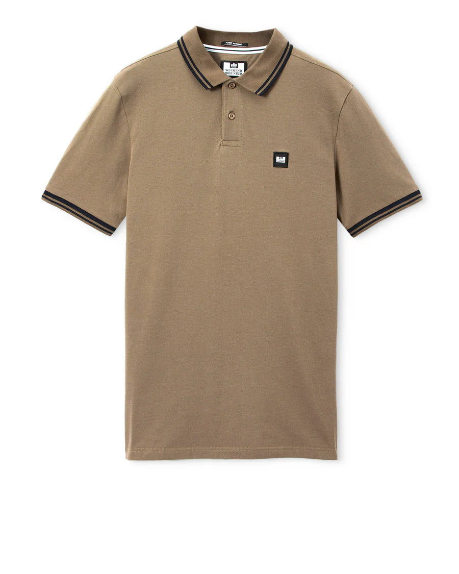 Brown polo shirt with black trim on a white background