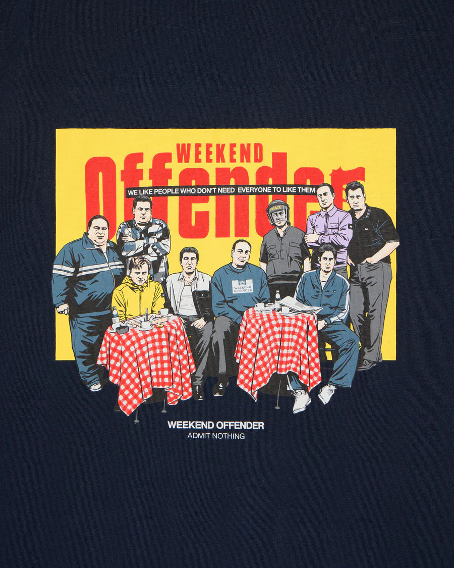 T-shirt design with graphic of people around a table and 'Weekend Offender' text on a dark background