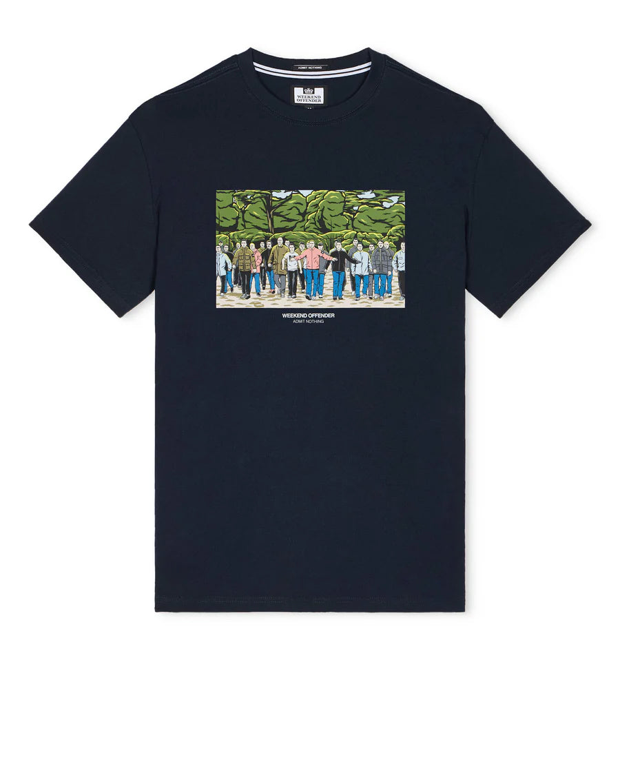 Black t-shirt with a graphic of people in a park on a white background