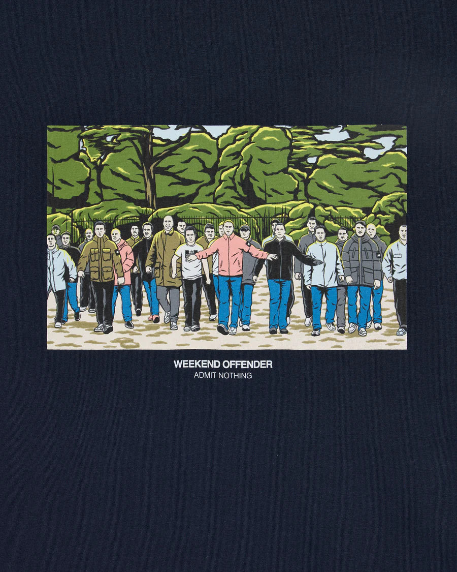 Illustration of a group of people in a park with 'Weekend Offender' branding.