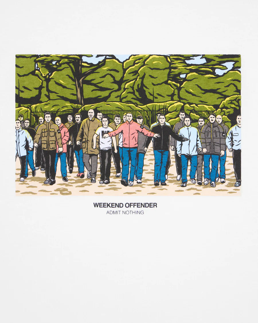 Illustration of a group of people standing in a line with trees in the background, featuring the 'Weekend Offender' brand.