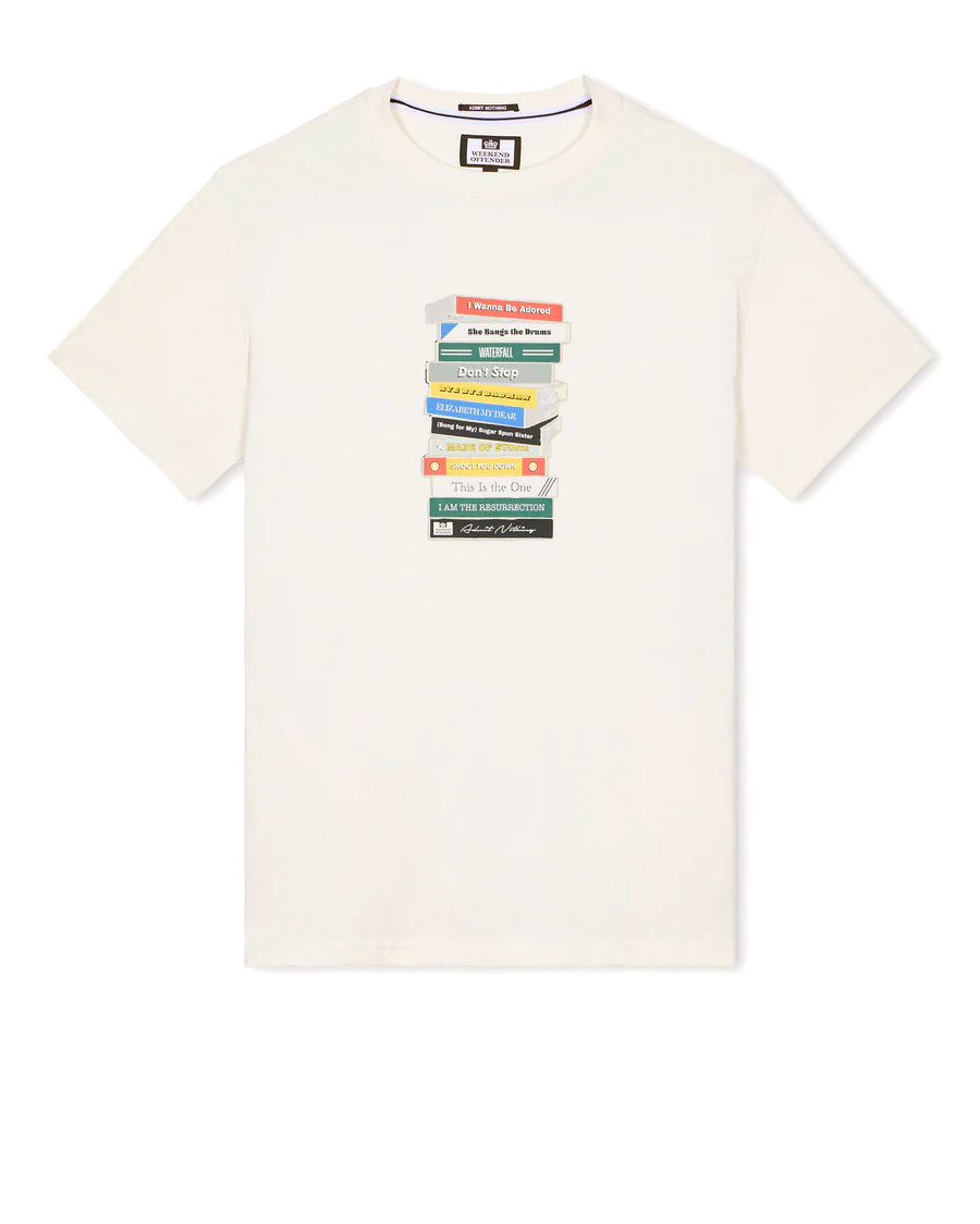 White t-shirt with colorful graphic design on a white background