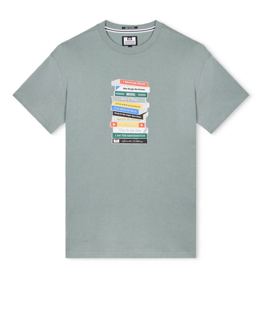 Gray t-shirt with colorful graphic on a white background