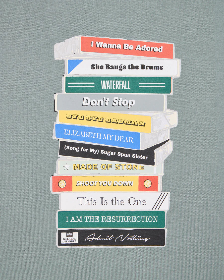 Stack of vinyl records with song titles on a gray background