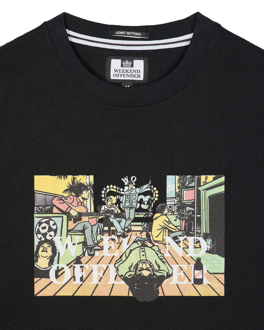 Black t-shirt with a colorful graphic design on a white background