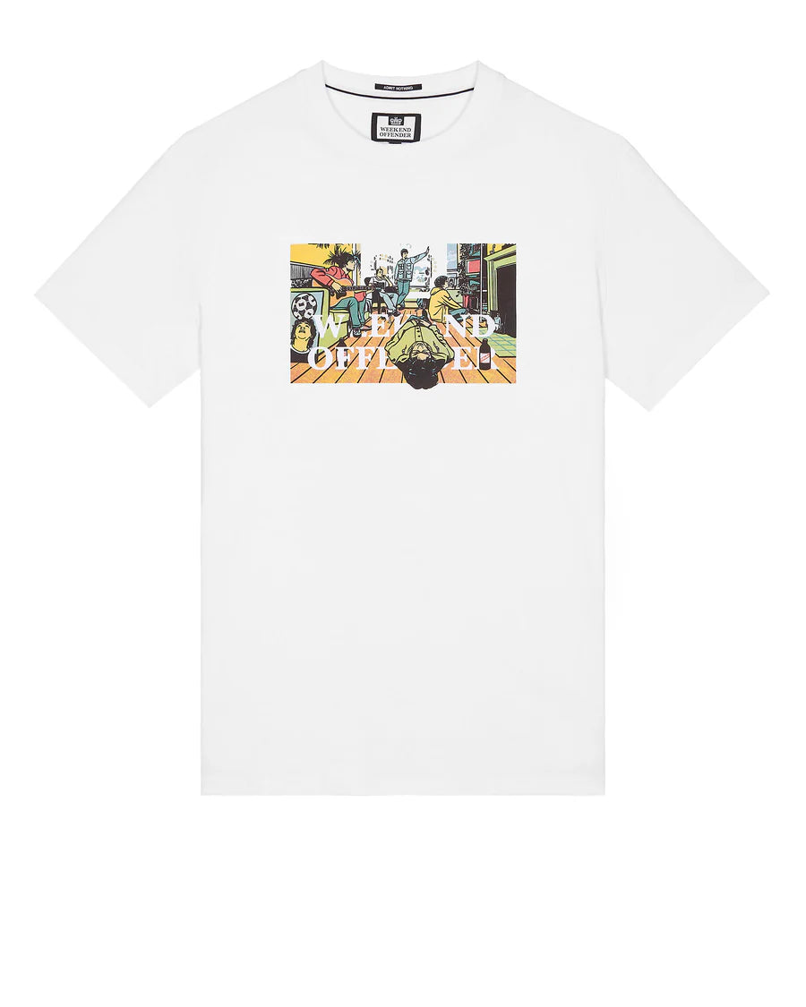 Weekend Offender Stratford Avenue Graphic T-Shirt in white with a colorful front graphic print.