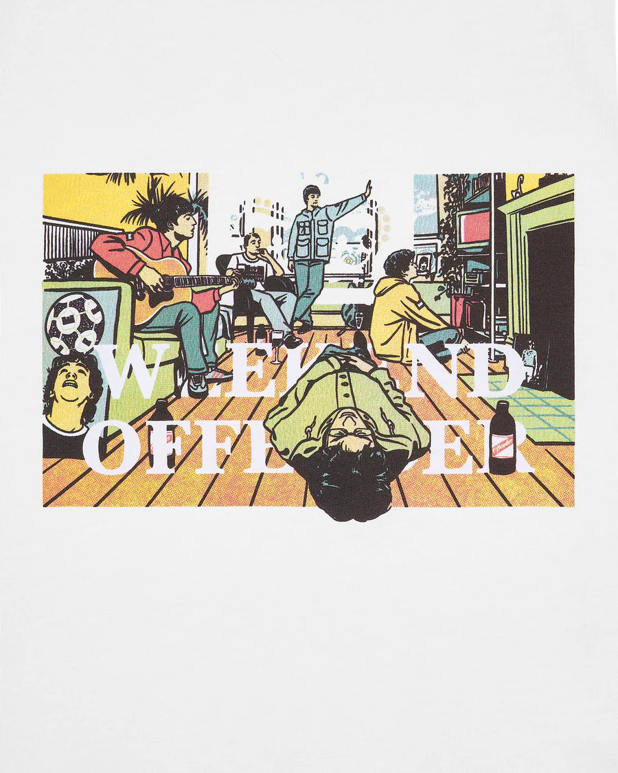 Illustration of people relaxing on a wooden deck with 'Weekend Off' text.