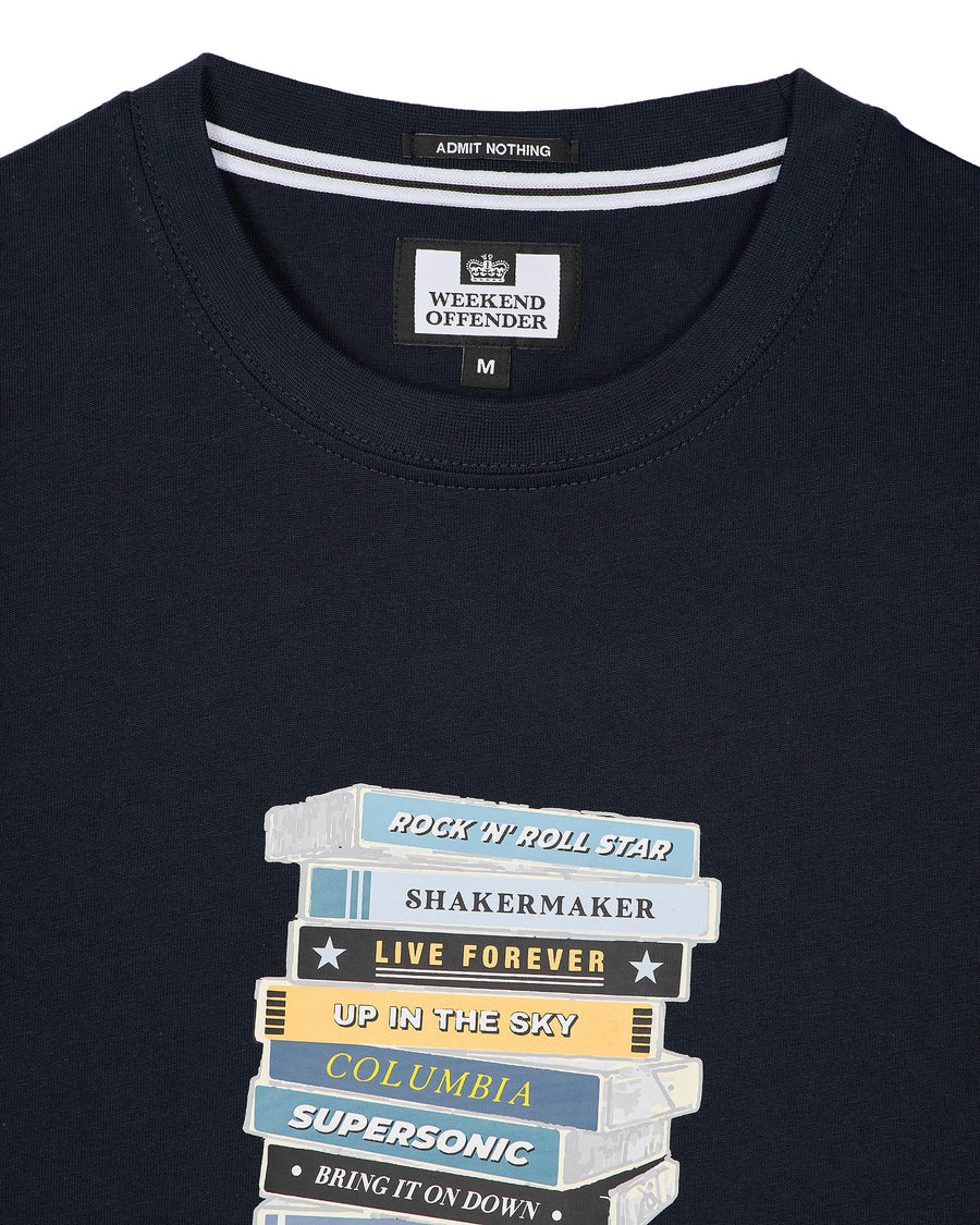 Navy blue t-shirt with graphic design and 'Weekend Offender' branding.