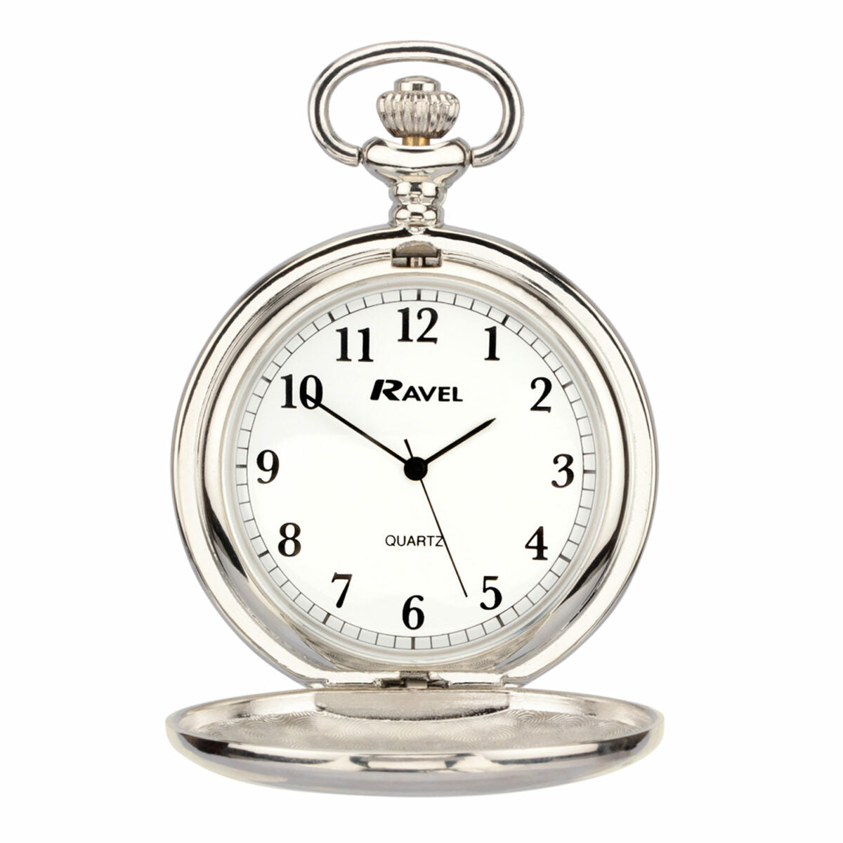 Silver pocket watch with white face and 'Ravel' branding on a white background
