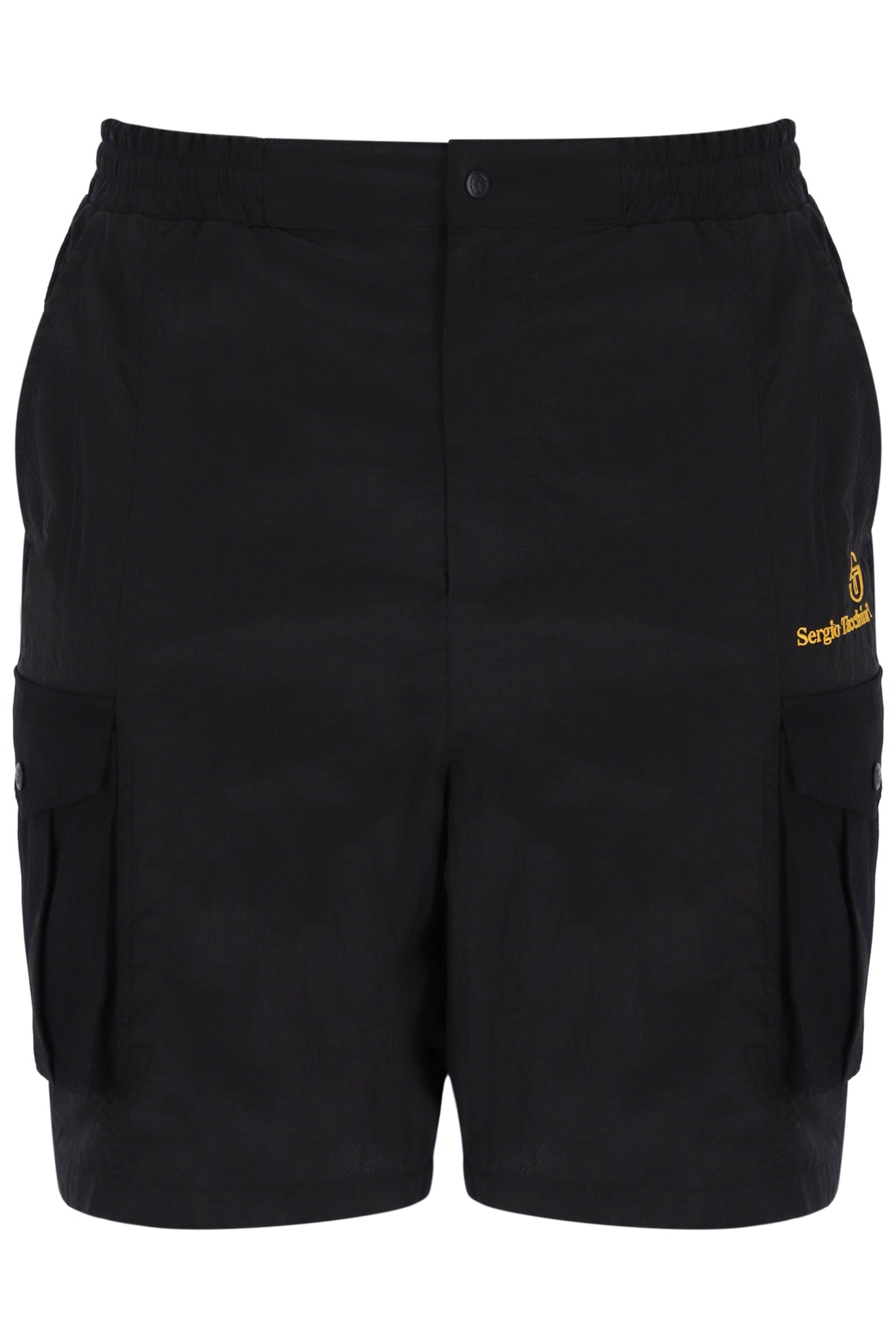 A pair of Sergio Tacchini Santino Cargo Shorts in black color, featuring side cargo pockets and embroidered branding on the left leg.