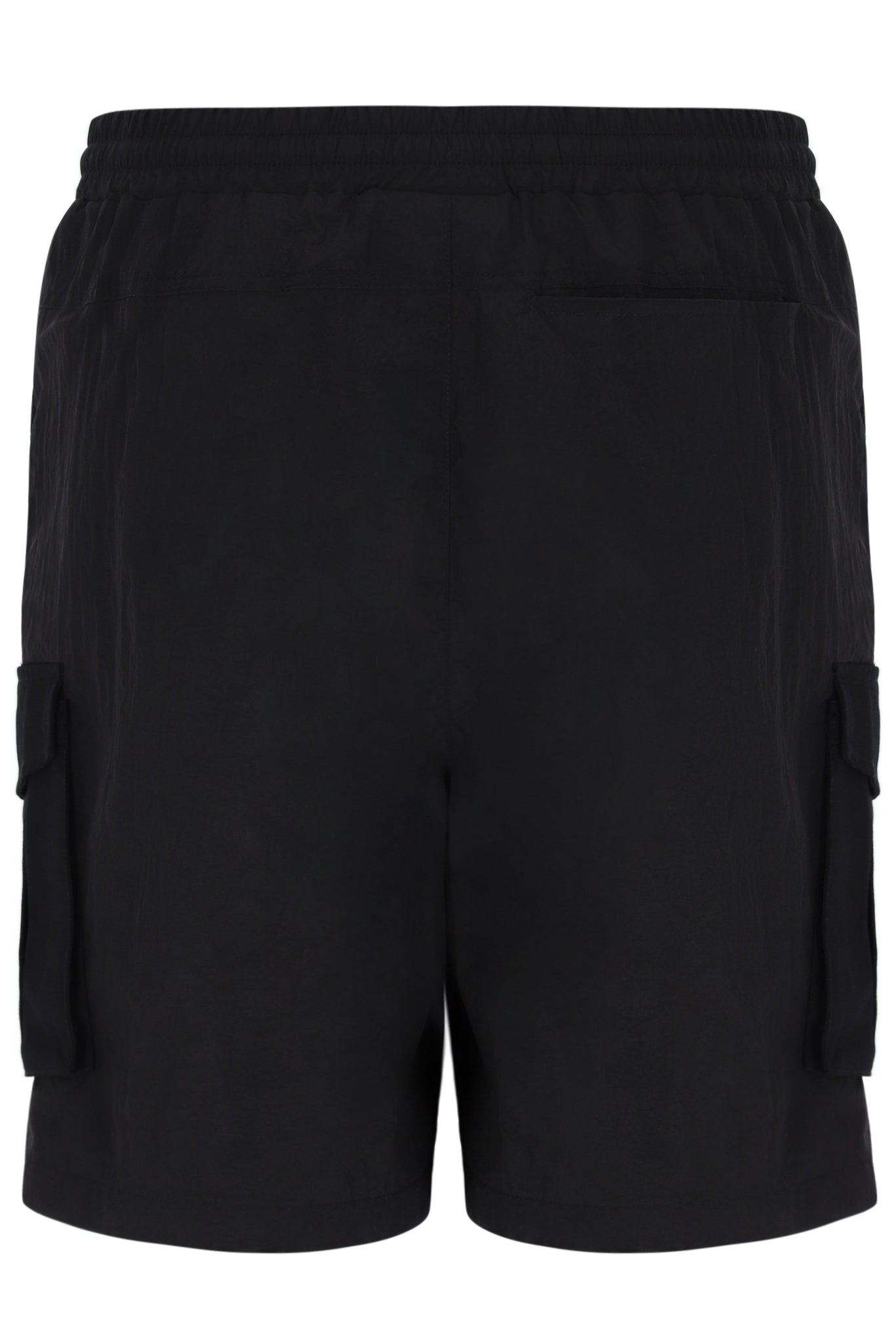 A pair of Sergio Tacchini Santino Cargo Shorts in black color, featuring side cargo pockets and embroidered branding on the left leg.