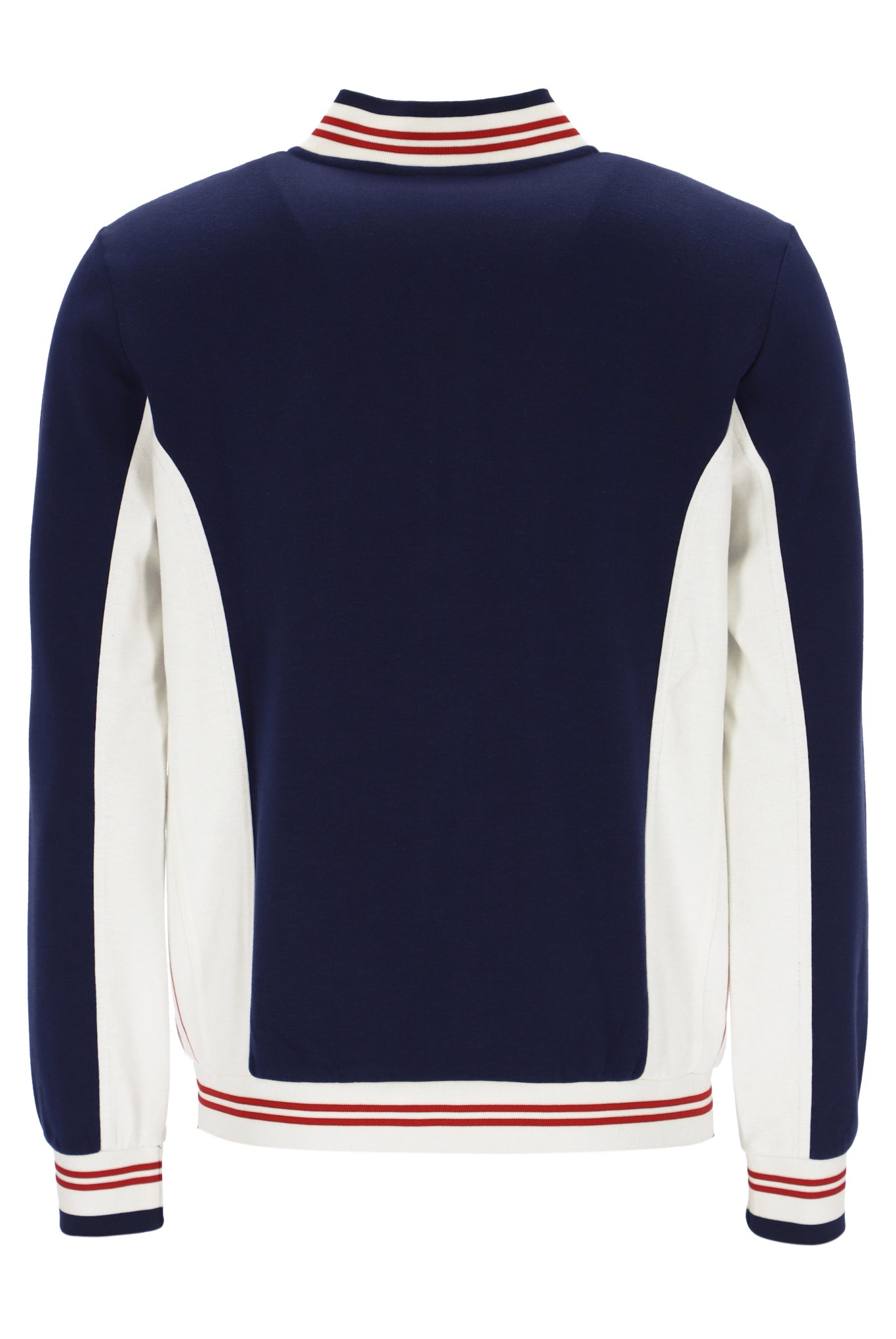 Navy and white sweater with red and white striped trim on a white background