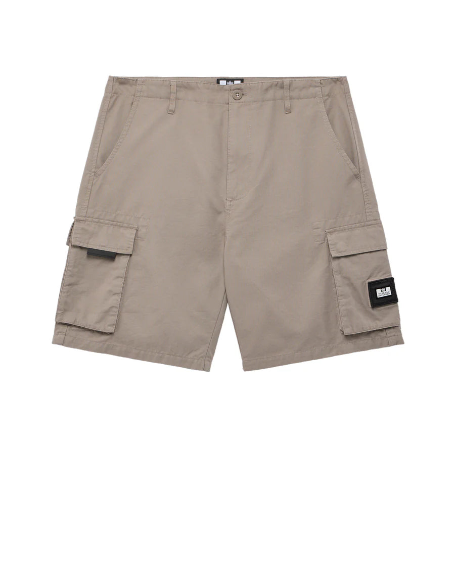 A pair of beige Weekend Offender Mascia Cargo Shorts with multiple pockets and a branded button visible.