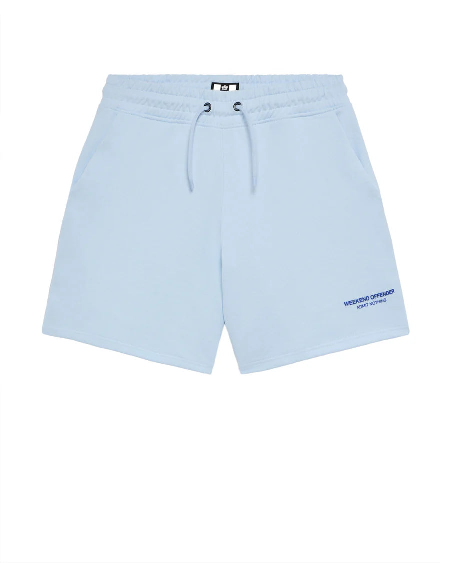 A pair of light blue Weekend Offender Mytros shorts with a high-density print on the leg, featuring angled side entry pockets, a back welt pocket with a concealed press stud fastening, and an elasticated waistband with an external tie cord.