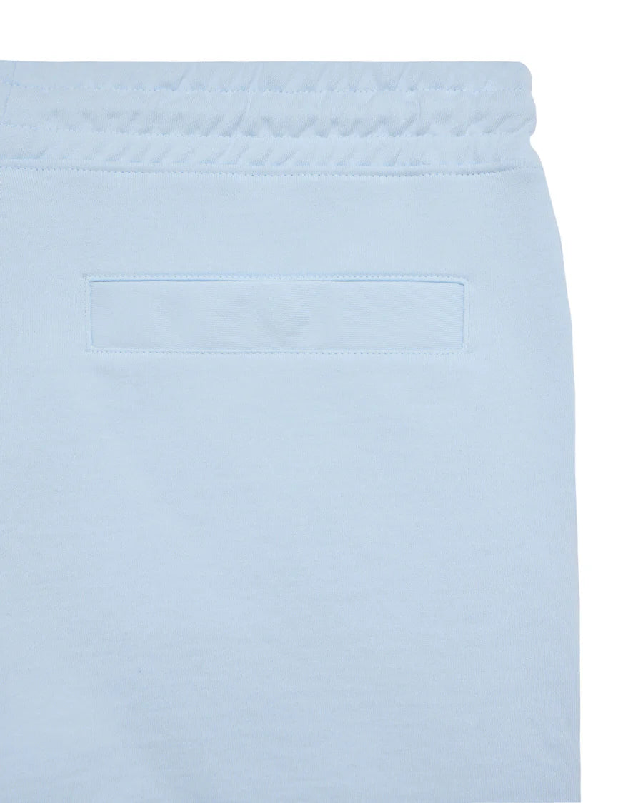 A pair of light blue Weekend Offender Mytros shorts with a high-density print on the leg, featuring angled side entry pockets, a back welt pocket with a concealed press stud fastening, and an elasticated waistband with an external tie cord.