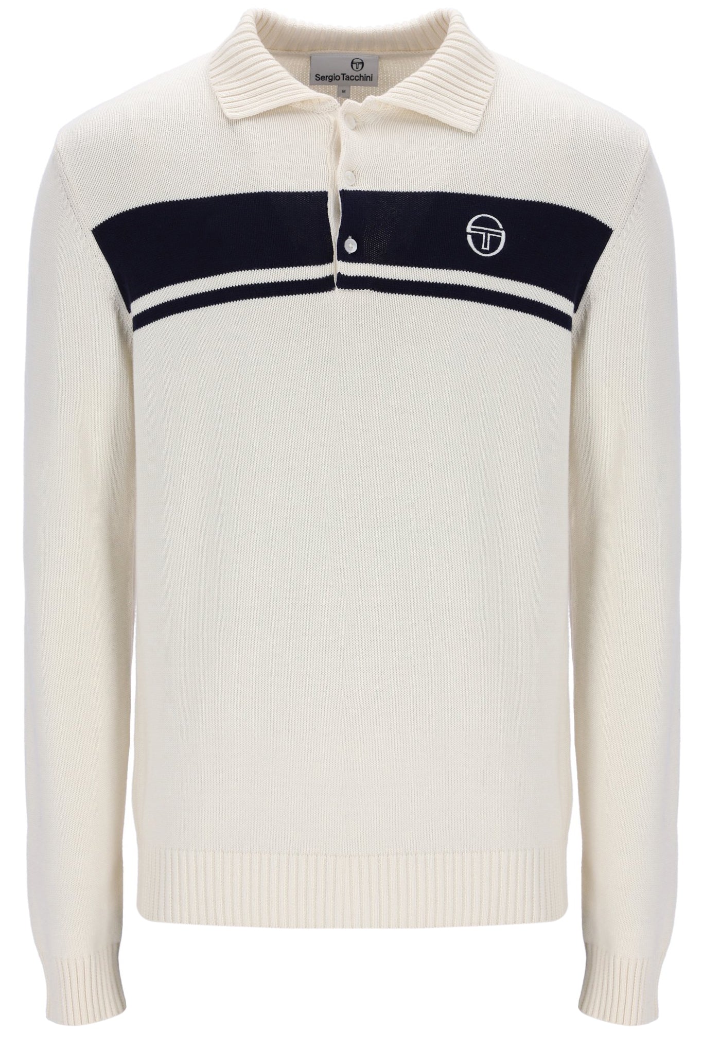 White sweater with navy stripe and logo on a white background
