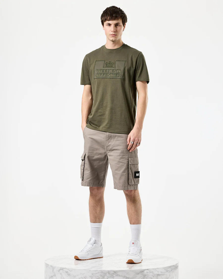 Man wearing green t-shirt and beige shorts on a white background
