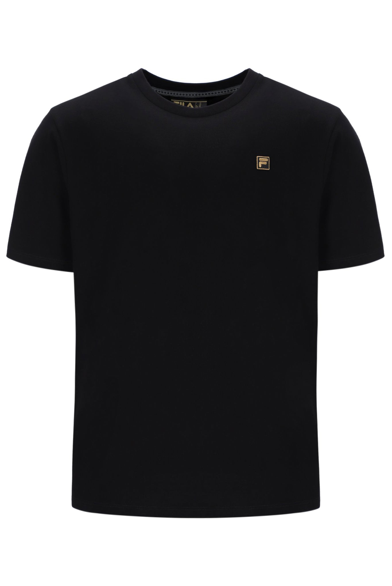 Black t-shirt with a small logo on a white background