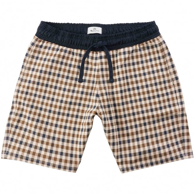 A pair of Aquascutum Club Check Shorts in navy with a beige and blue check pattern, featuring an elasticated drawstring waist and practical pockets.
