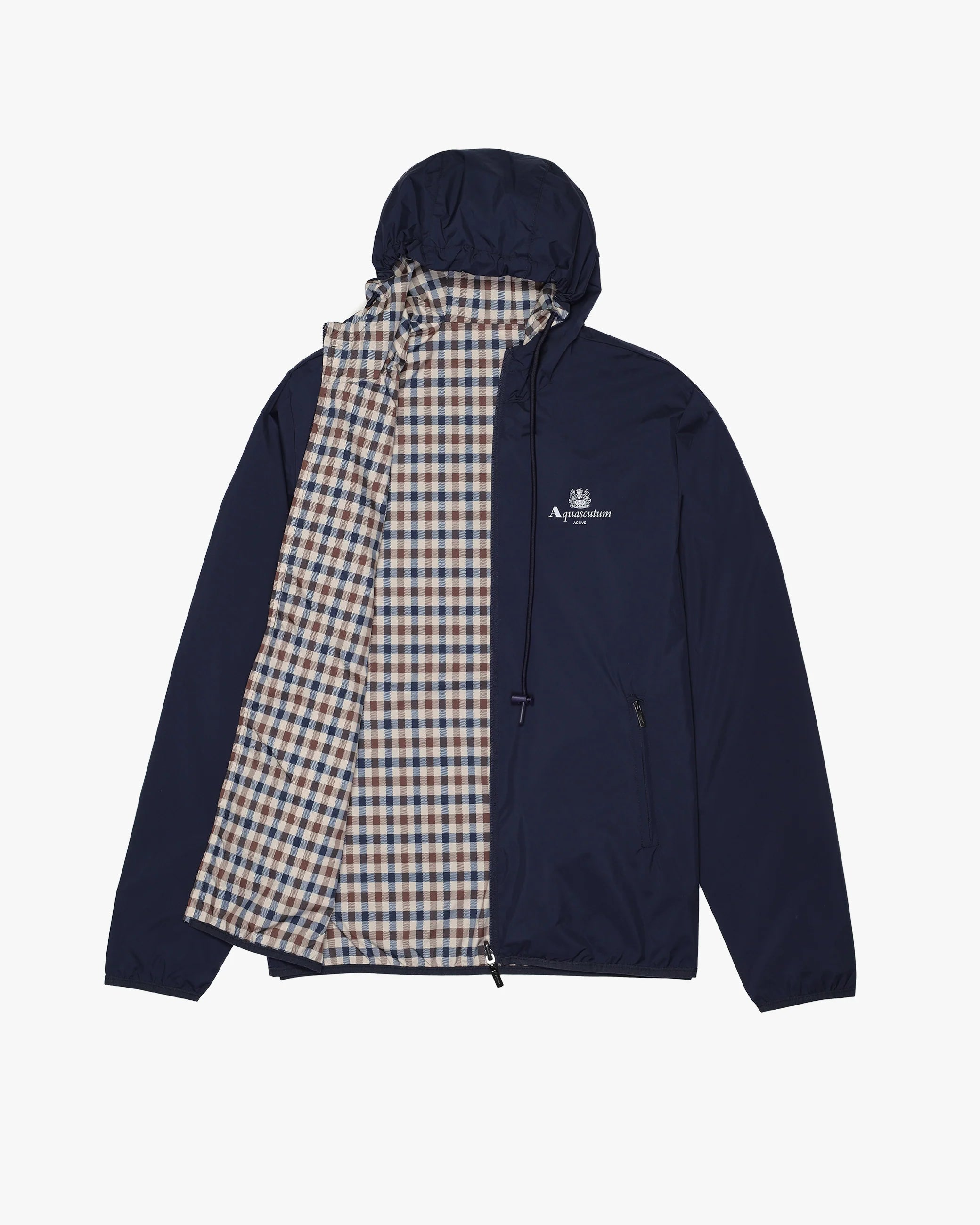 A reversible jacket with the outer side in navy color and the inner side in a club check pattern. The jacket features a hood, pockets, and a full zip closure.