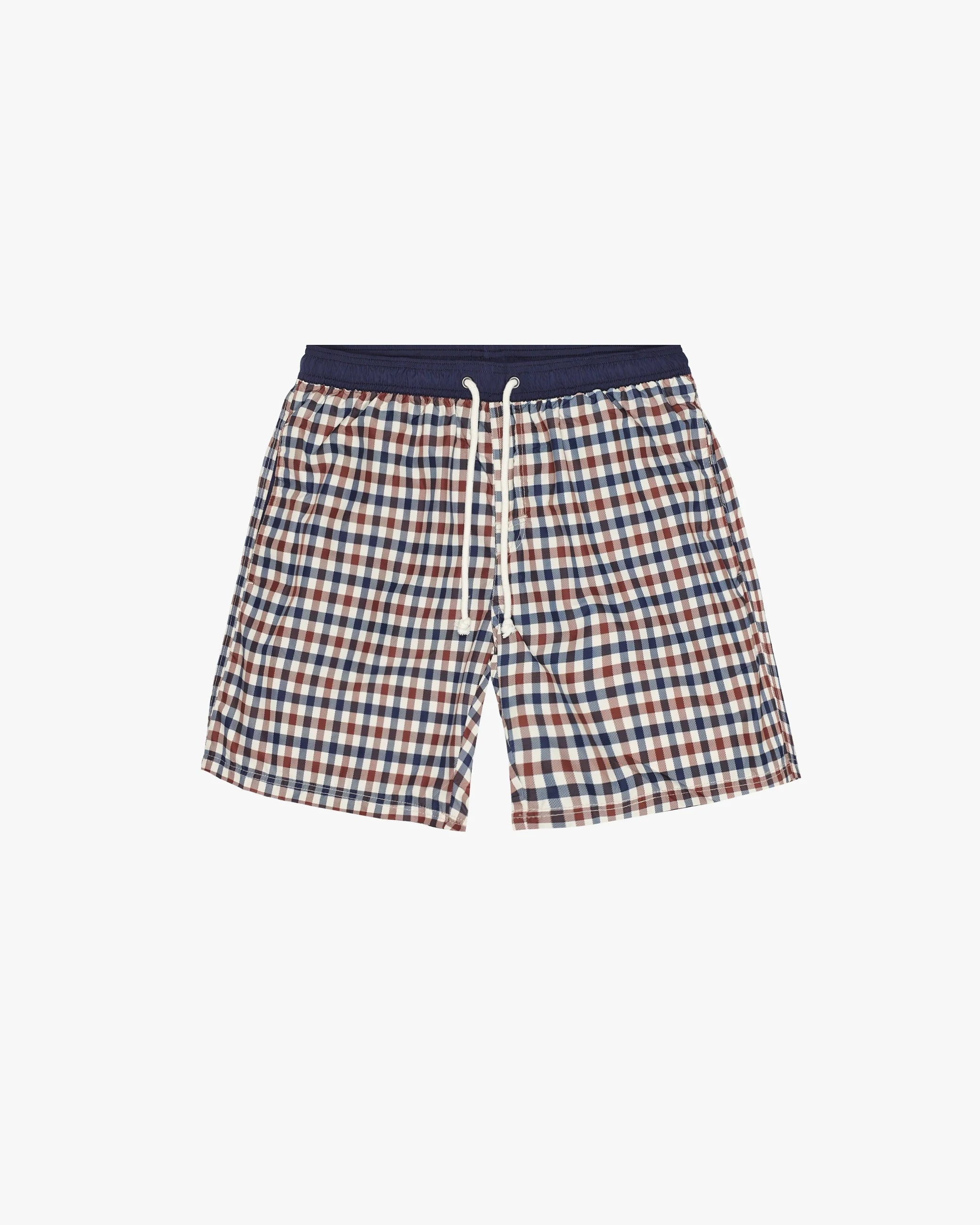 Plaid shorts with a navy waistband on a white background