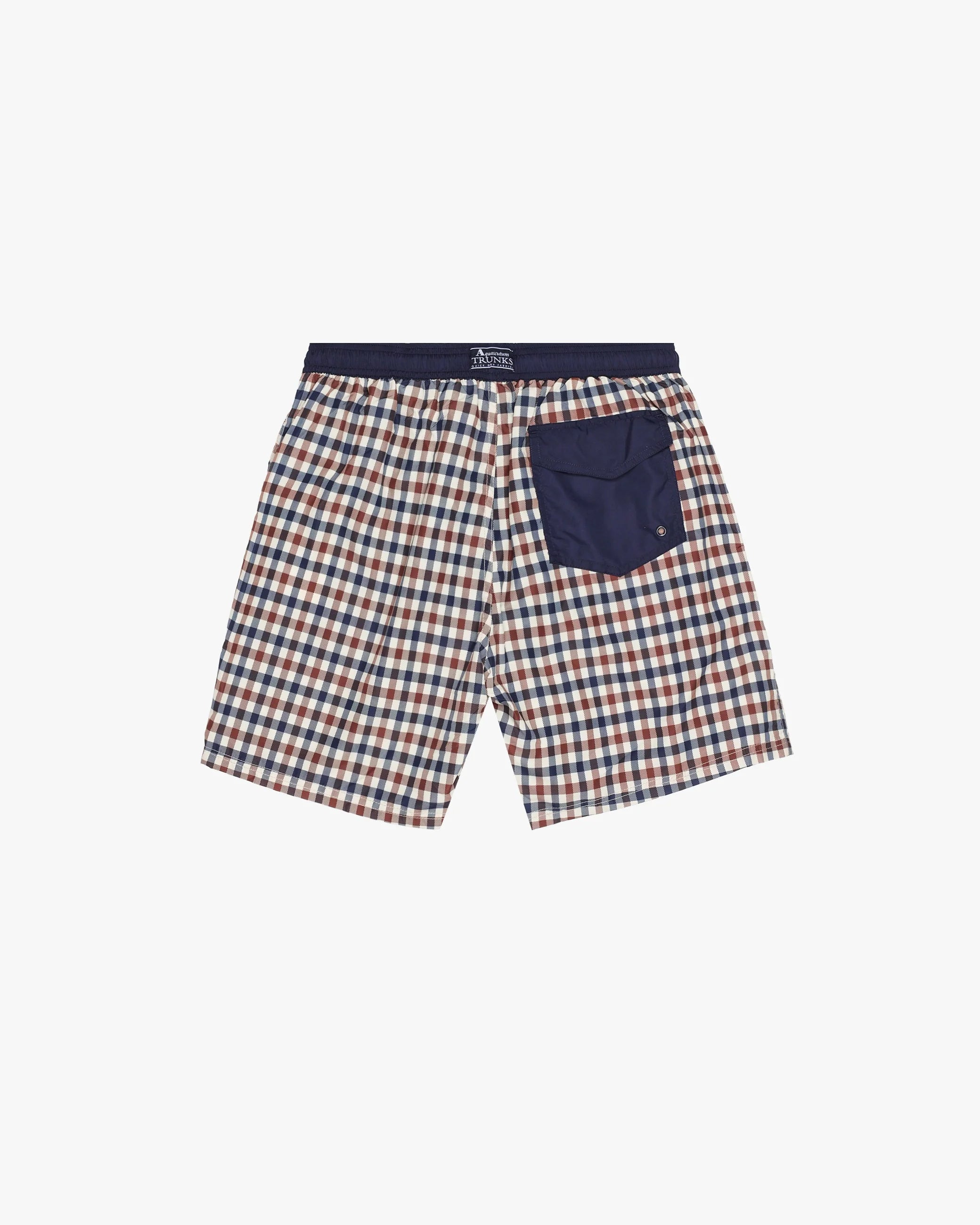 Plaid shorts with a navy pocket on a white background