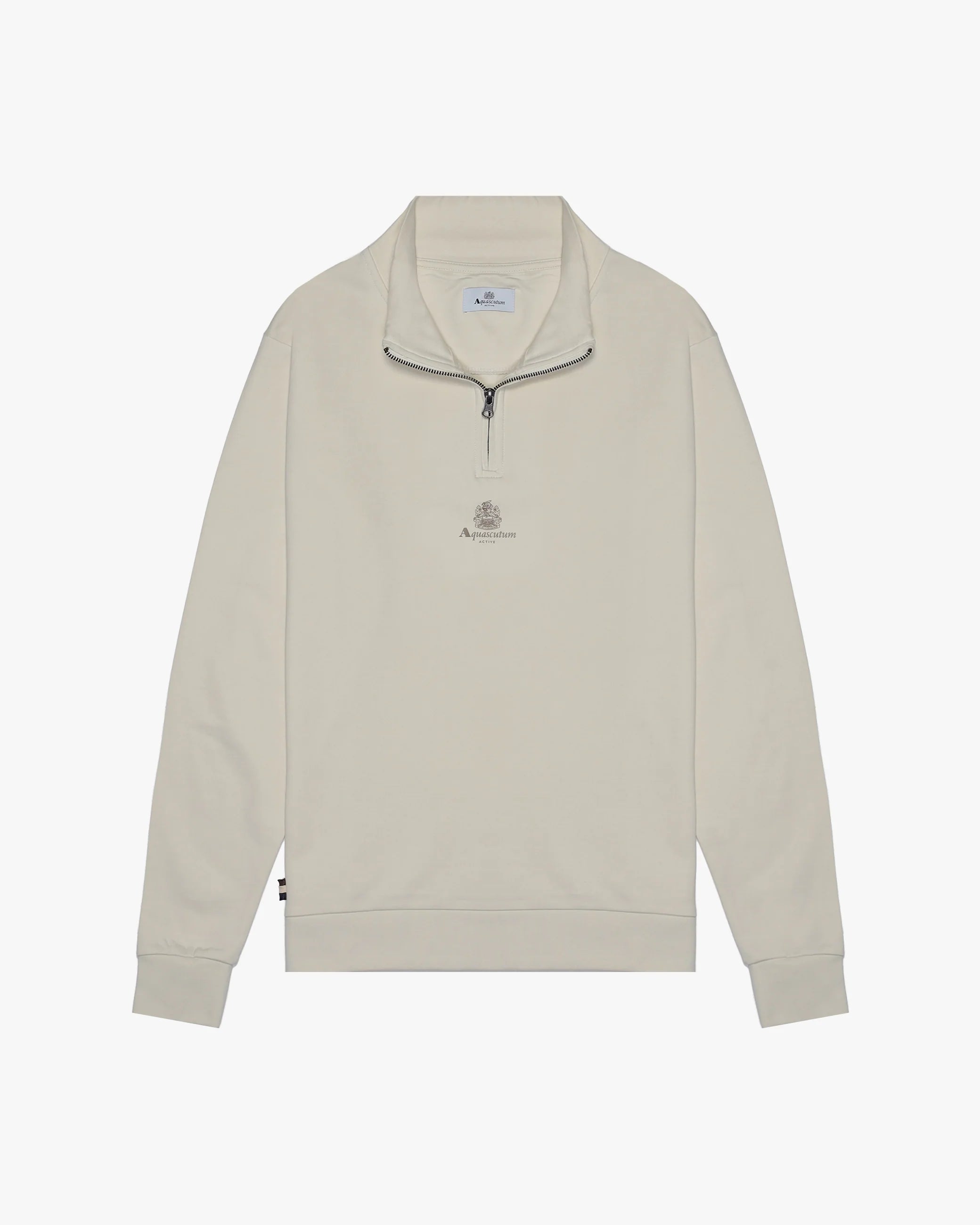 Beige half-zip sweatshirt on a white background