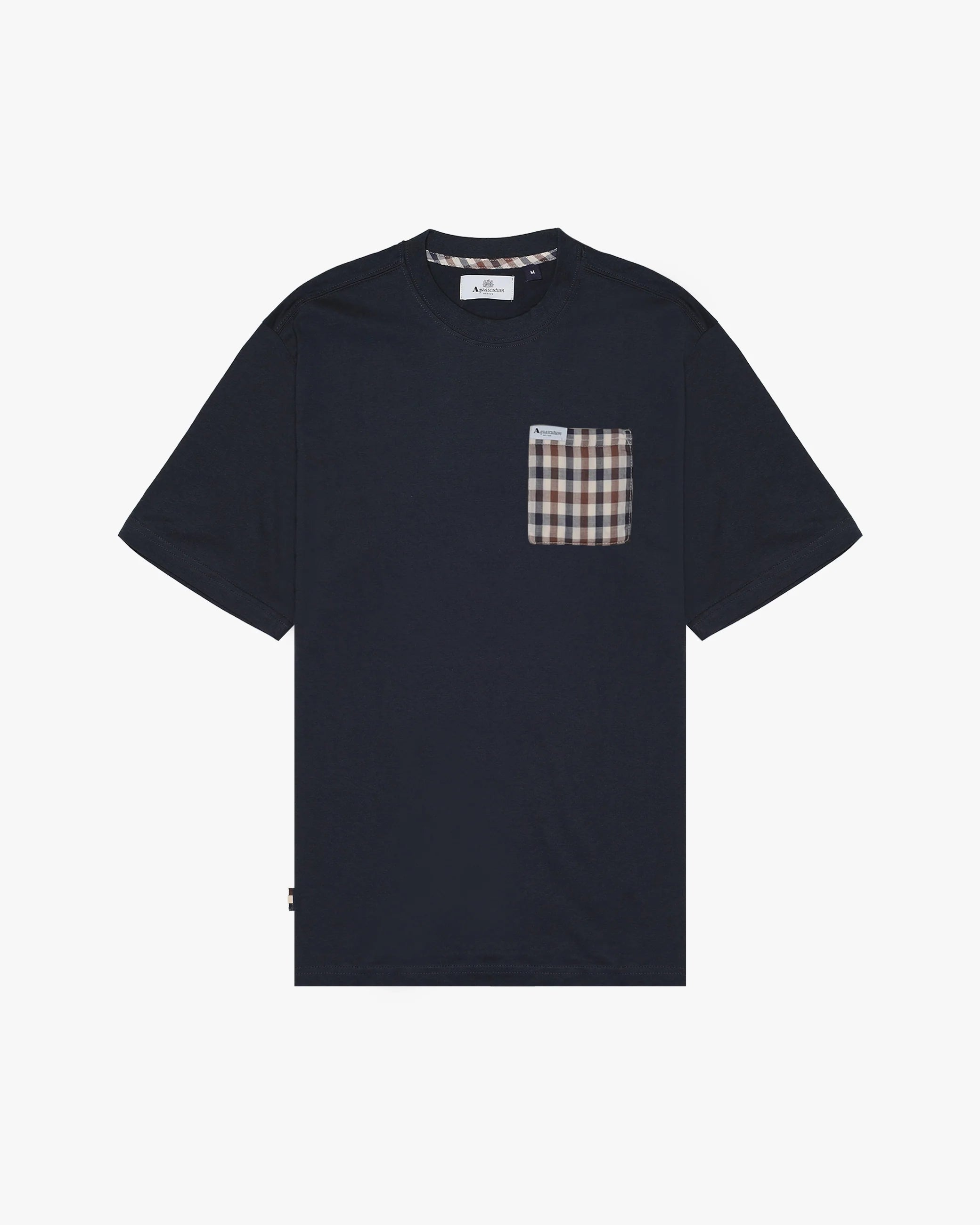 A navy-colored T-shirt with a checkered pocket on the front.