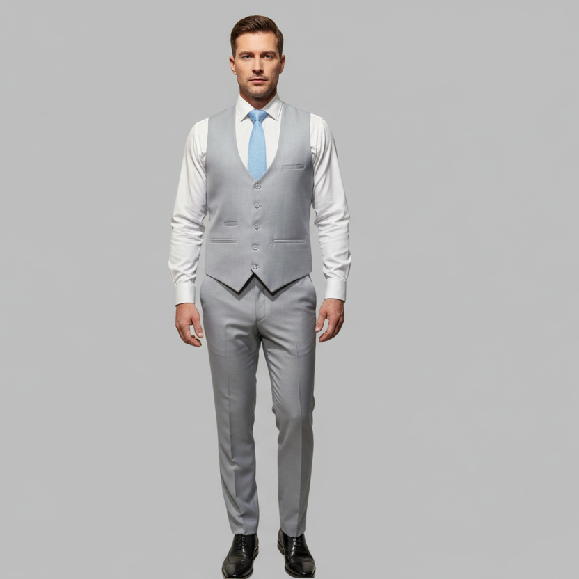 Gray suit with a white shirt and blue tie on a mannequin against a white background