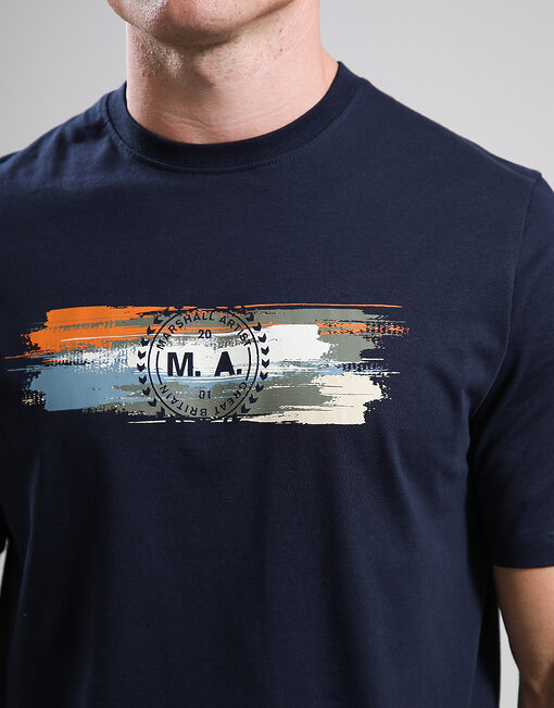 Navy blue t-shirt with a graphic design on a plain background