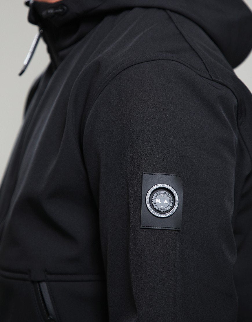 Black jacket with a brand logo patch on the sleeve against a neutral background