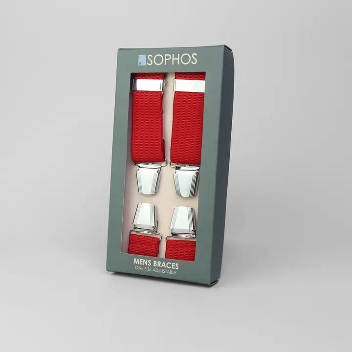Box of red men's braces with 'Sophos' branding on a gray background