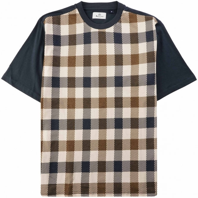A short-sleeved t-shirt with a checkered pattern on the front and solid navy color on the sleeves and collar.