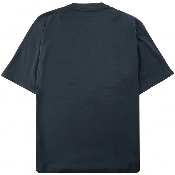 A short-sleeved t-shirt with a checkered pattern on the front and solid navy color on the sleeves and collar.