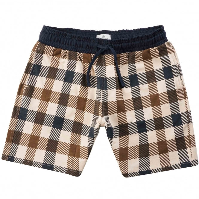 A pair of Aquascutum Macro Club check shorts in navy with an elasticated drawstring waist and a plaid pattern.