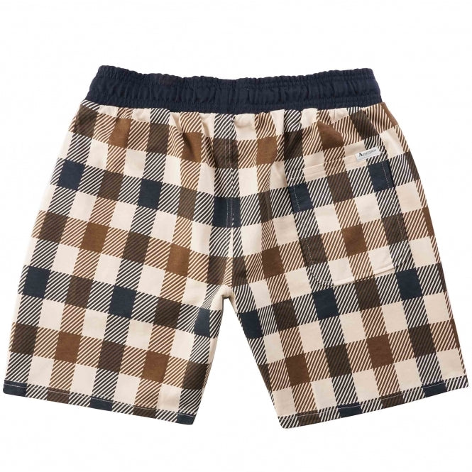 A pair of Aquascutum Macro Club check shorts in navy with an elasticated drawstring waist and a plaid pattern.