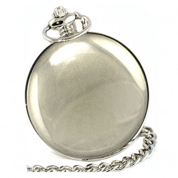 Silver pocket watch with chain on a white background