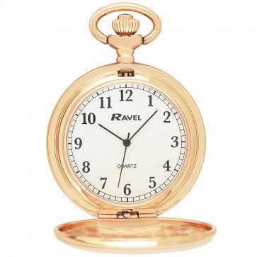 Gold pocket watch with Ravel brand on a white background