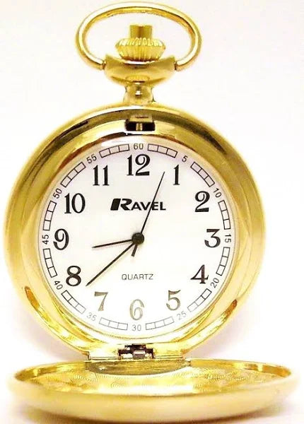 Gold pocket watch with Ravel brand on a white background