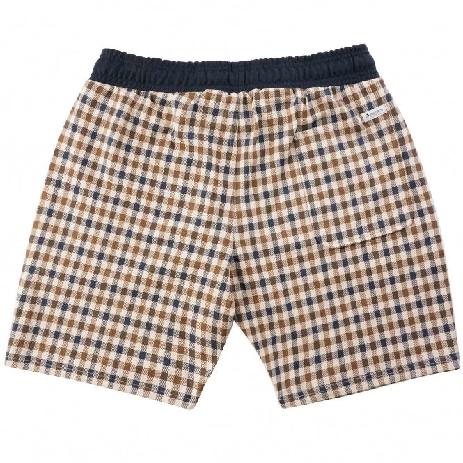 A pair of Aquascutum Macro Club check shorts in navy with an elasticated drawstring waist and a plaid pattern.