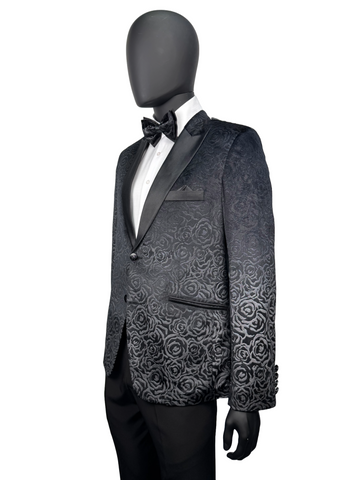 Studio23 Velvet Flower Print Black Two Piece Suit With Bow Tie