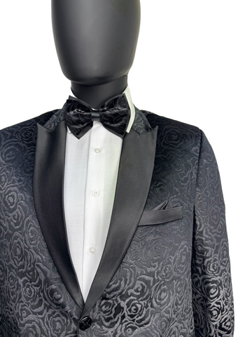 Studio23 Velvet Flower Print Black Two Piece Suit With Bow Tie