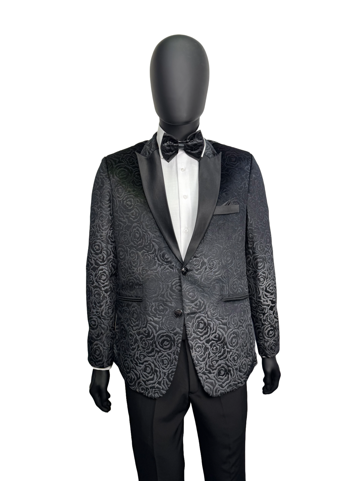 Studio23 Velvet Flower Print Black Two Piece Suit With Bow Tie