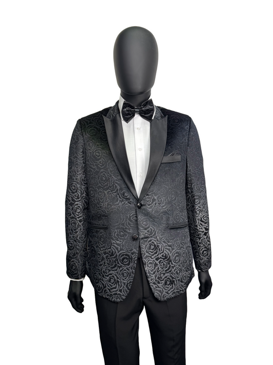 Studio23 Velvet Flower Print Black Two Piece Suit With Bow Tie
