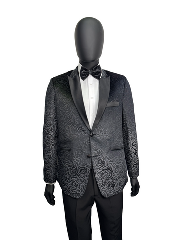 Studio23 Velvet Flower Print Black Two Piece Suit With Bow Tie