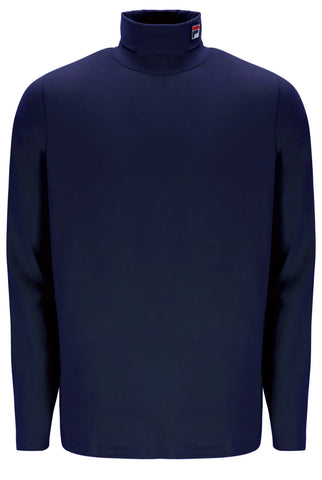 Navy blue turtleneck sweater with a brand logo on a white background