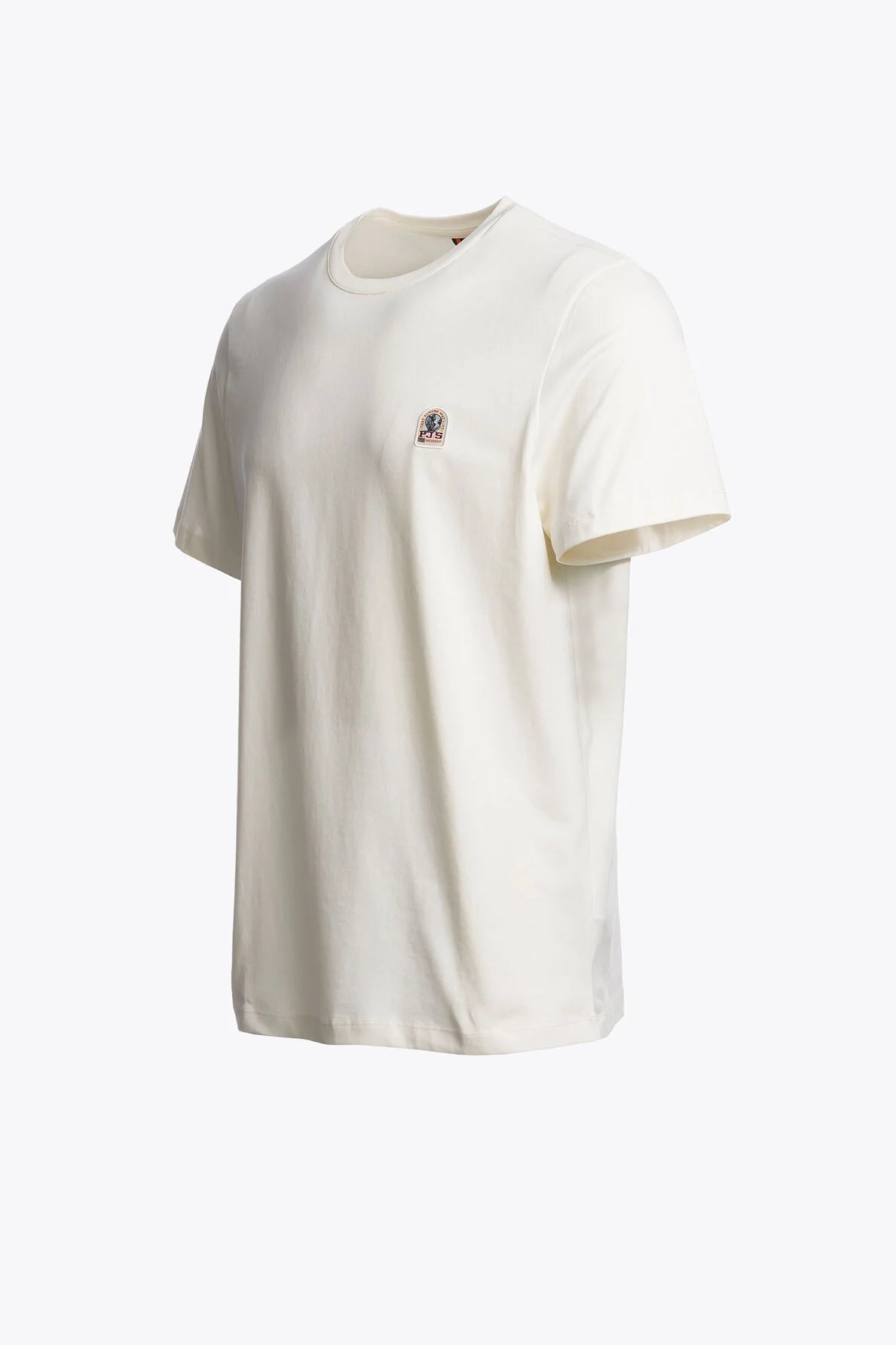 An off-white short-sleeve crewneck t-shirt with a small embroidered logo on the left chest, displayed on a clean white background.