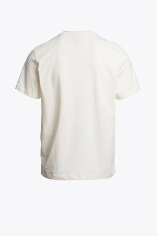 The back view of a short-sleeve crewneck t-shirt in off-white, displayed on a clean white background.