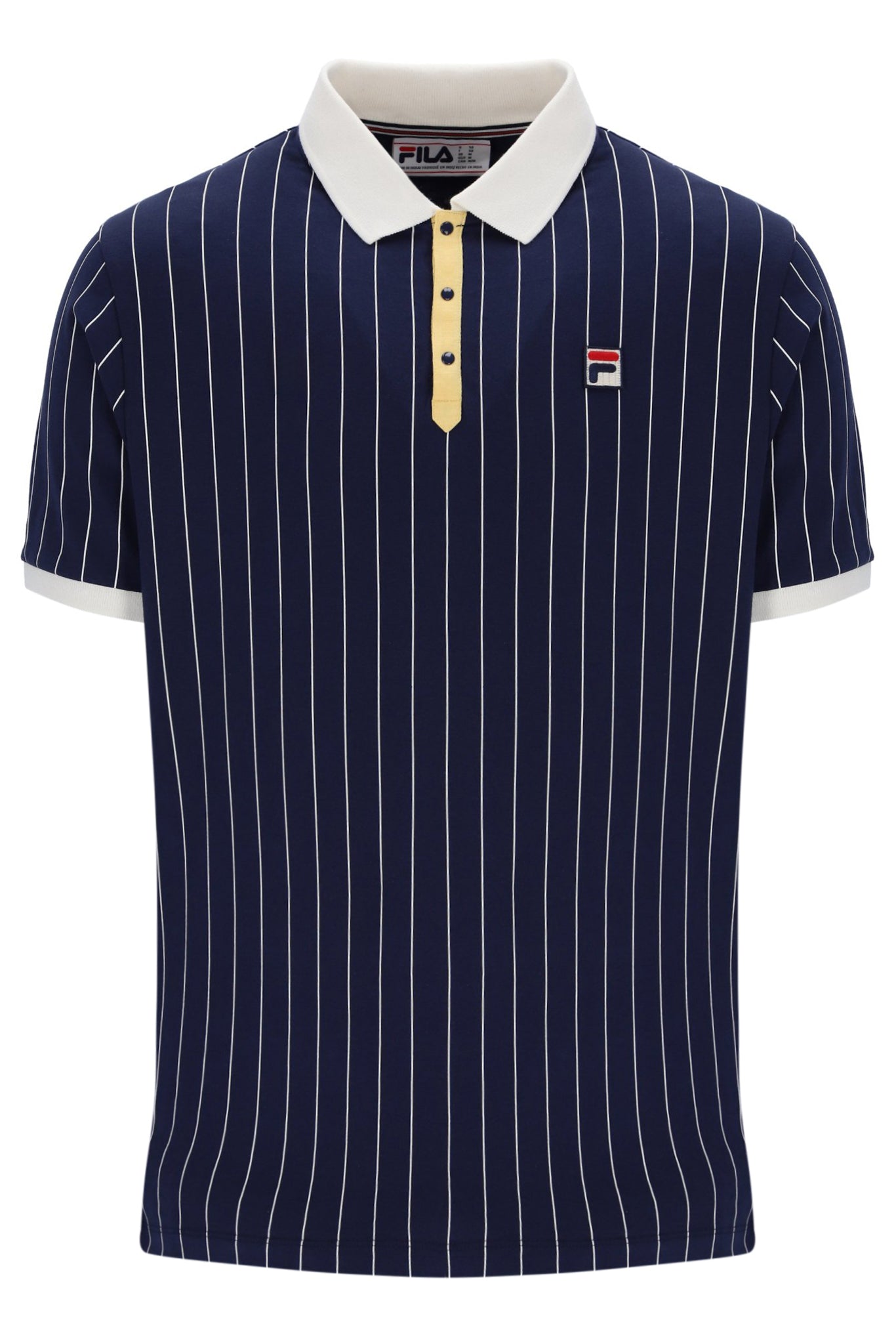 Navy pinstripe polo shirt with white collar and FILA logo on a white background