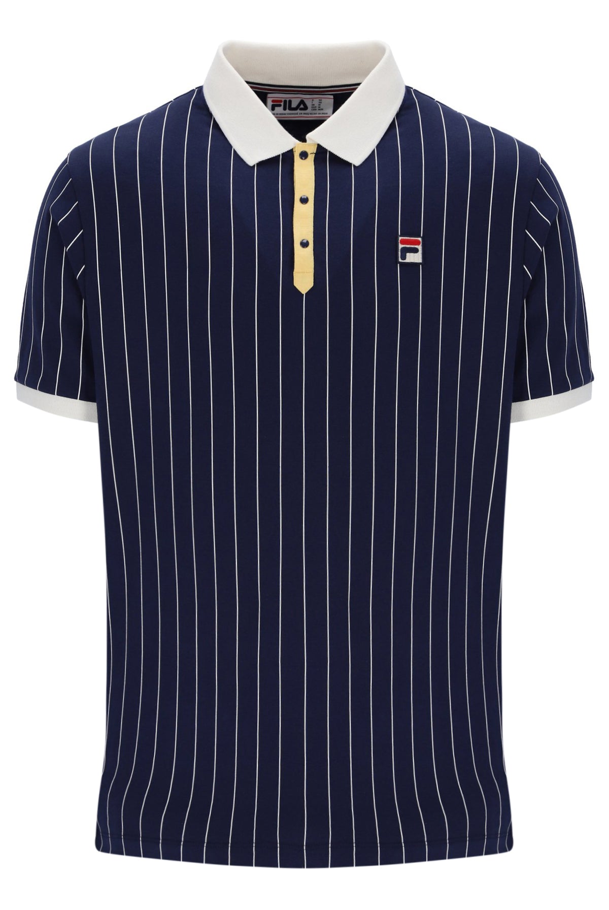 Navy pinstripe polo shirt with white collar and FILA logo on a white background
